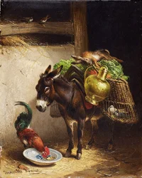 Burro e galo no estábulo.